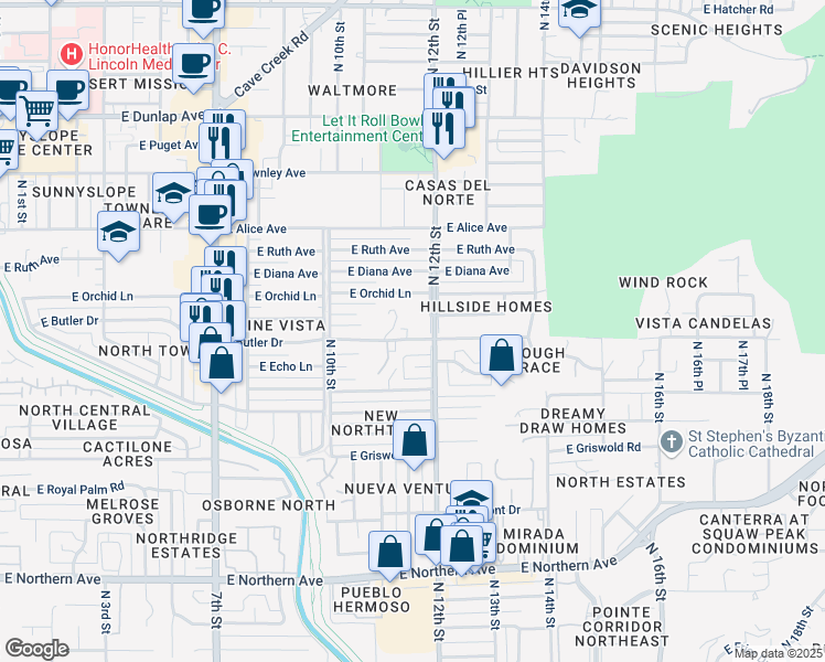 map of restaurants, bars, coffee shops, grocery stores, and more near 1130 East Butler Drive in Phoenix