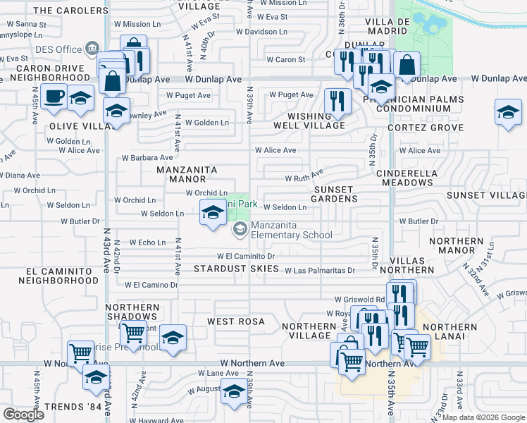 map of restaurants, bars, coffee shops, grocery stores, and more near 3817 West Seldon Lane in Phoenix