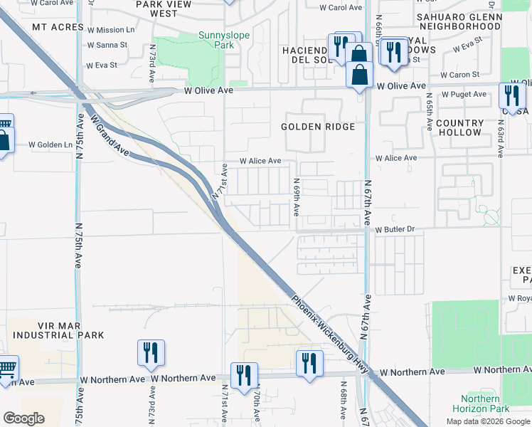 map of restaurants, bars, coffee shops, grocery stores, and more near 8595 North 71st Avenue in Glendale