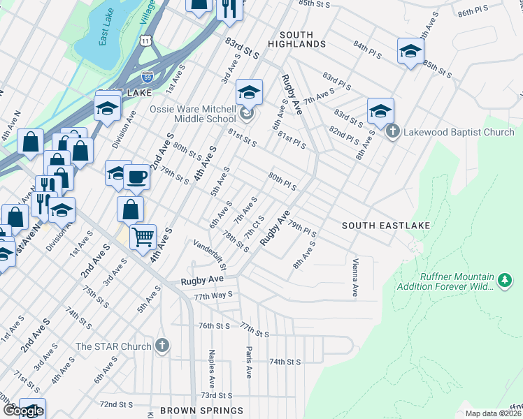 map of restaurants, bars, coffee shops, grocery stores, and more near 7920 7th Court South in Birmingham