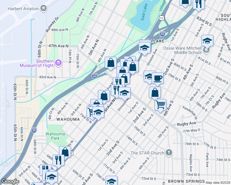 map of restaurants, bars, coffee shops, grocery stores, and more near 7608 1st Avenue North in Birmingham