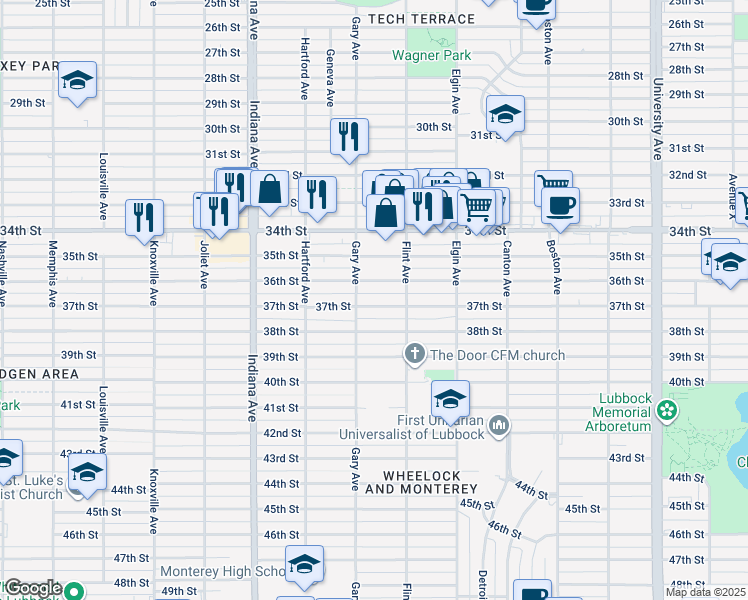 map of restaurants, bars, coffee shops, grocery stores, and more near 3114 37th Street in Lubbock