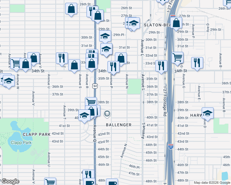 map of restaurants, bars, coffee shops, grocery stores, and more near 3608 Avenue P in Lubbock