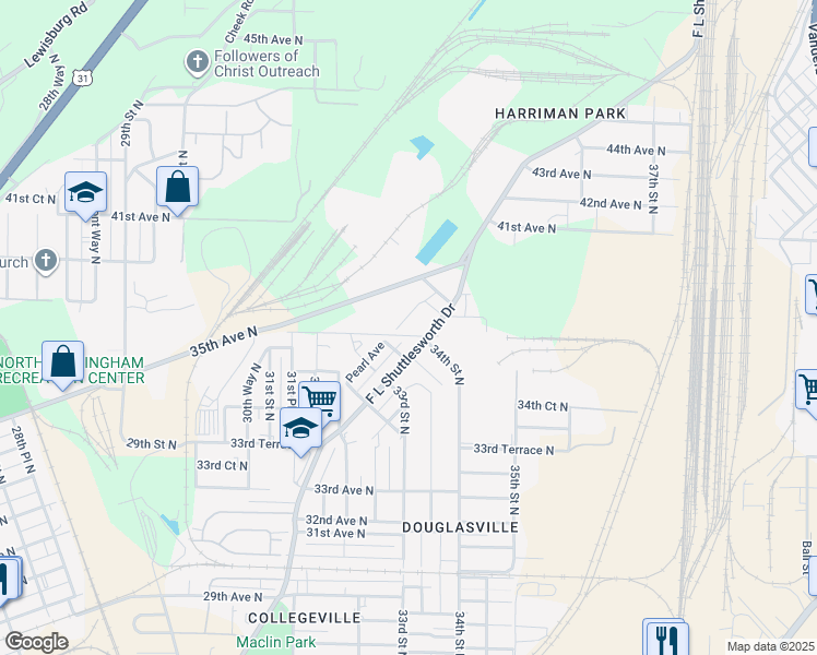 map of restaurants, bars, coffee shops, grocery stores, and more near 3329 Pearl Avenue in Birmingham