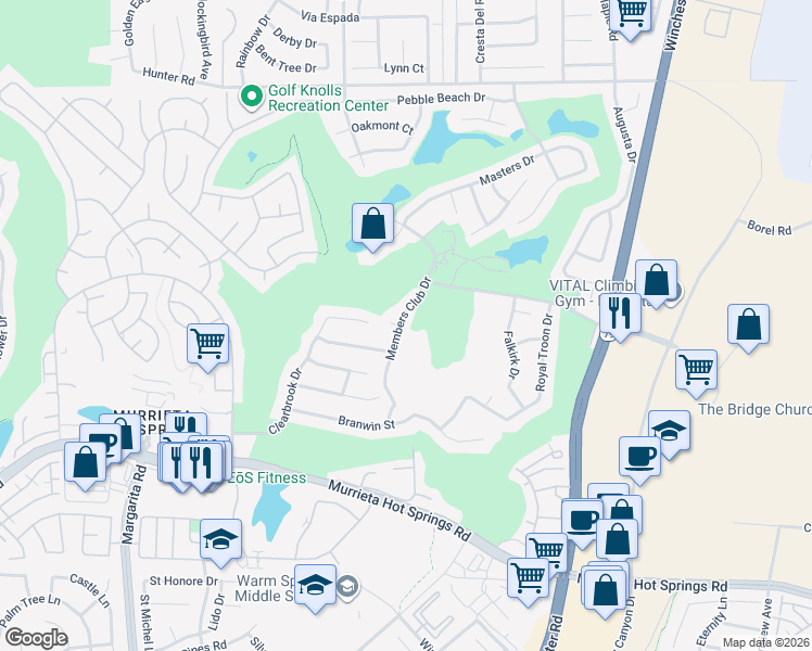 map of restaurants, bars, coffee shops, grocery stores, and more near 38552 Members Club Drive in Murrieta