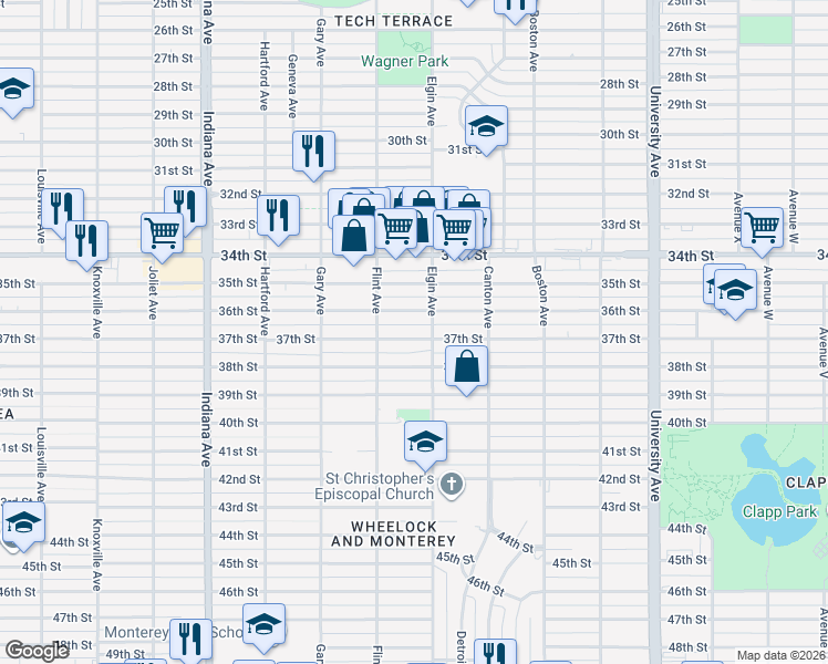 map of restaurants, bars, coffee shops, grocery stores, and more near 3008 37th Street in Lubbock