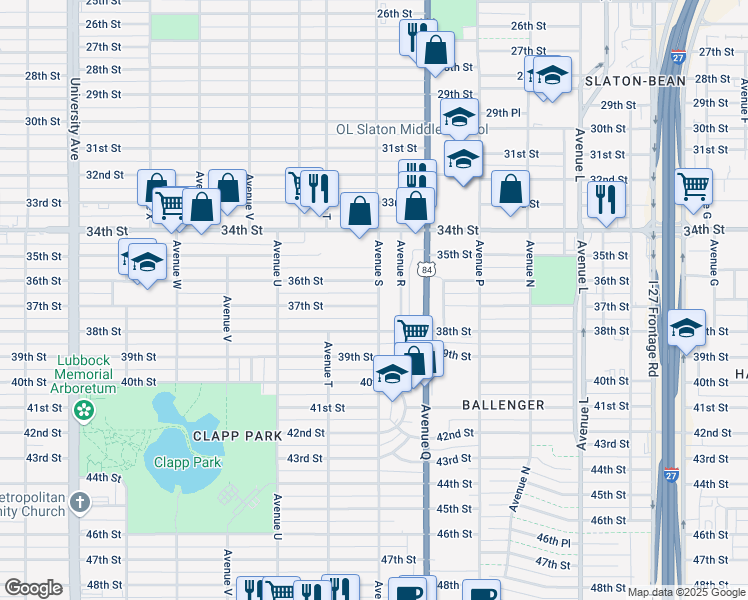 map of restaurants, bars, coffee shops, grocery stores, and more near 1902 37th Street in Lubbock