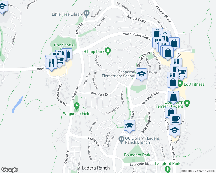 map of restaurants, bars, coffee shops, grocery stores, and more near 24 Merrill Hill in Ladera Ranch