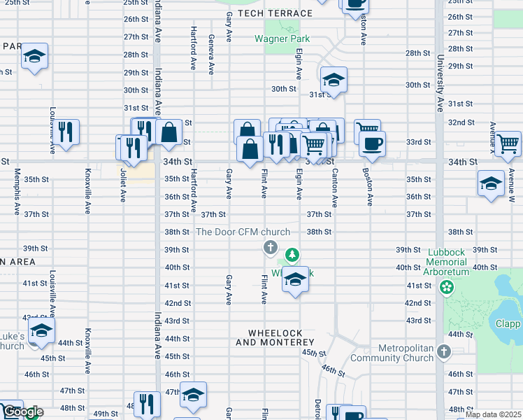 map of restaurants, bars, coffee shops, grocery stores, and more near 3102 37th Street in Lubbock