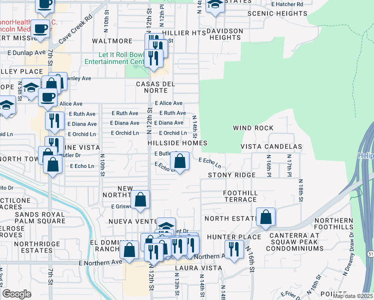 map of restaurants, bars, coffee shops, grocery stores, and more near 8510 North 14th Street in Phoenix