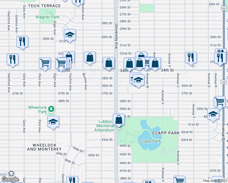 map of restaurants, bars, coffee shops, grocery stores, and more near 2504 37th Street in Lubbock