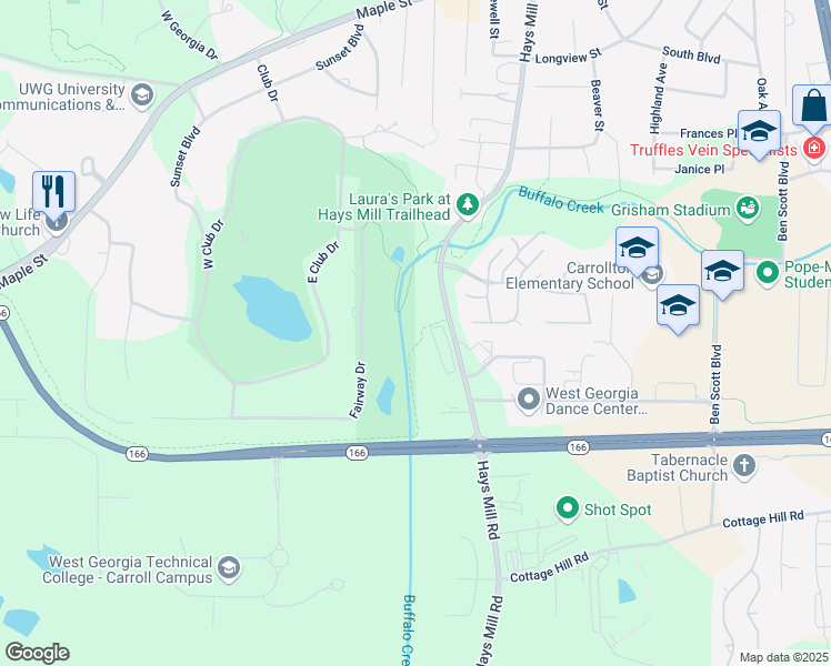 map of restaurants, bars, coffee shops, grocery stores, and more near 1250 Hays Mill Road in Carrollton