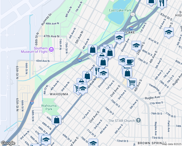 map of restaurants, bars, coffee shops, grocery stores, and more near 7529 2nd Avenue North in Birmingham