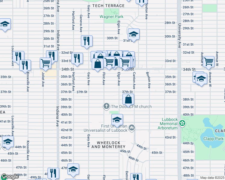 map of restaurants, bars, coffee shops, grocery stores, and more near 3008 37th Street in Lubbock