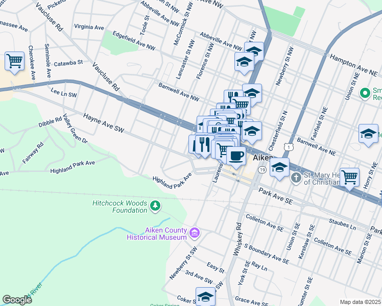 map of restaurants, bars, coffee shops, grocery stores, and more near 146 Greenville Street Southwest in Aiken