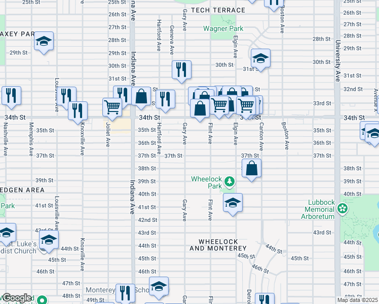 map of restaurants, bars, coffee shops, grocery stores, and more near 3118 37th Street in Lubbock