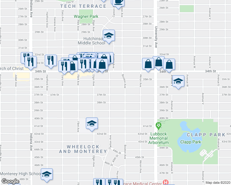 map of restaurants, bars, coffee shops, grocery stores, and more near 2716 37th Street in Lubbock