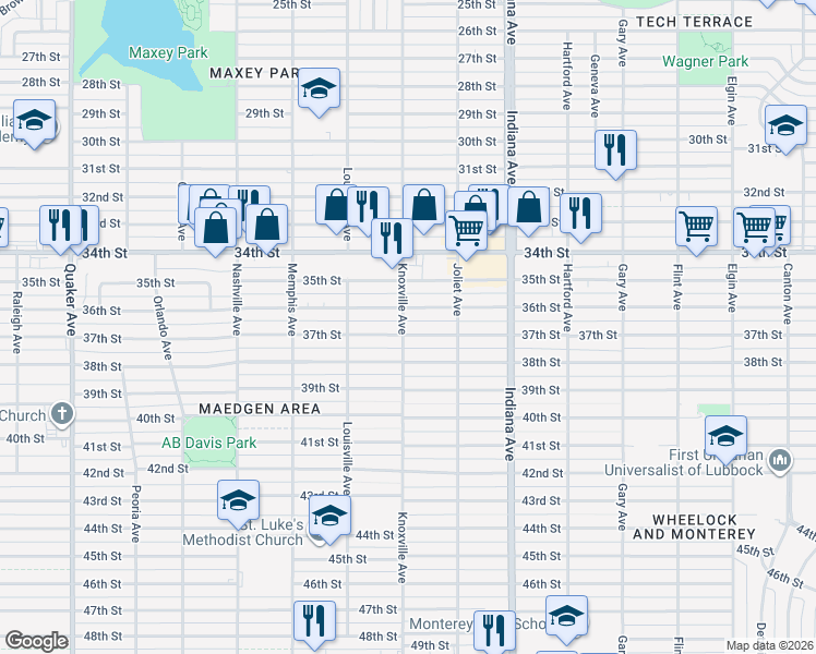 map of restaurants, bars, coffee shops, grocery stores, and more near 3518 37th Street in Lubbock