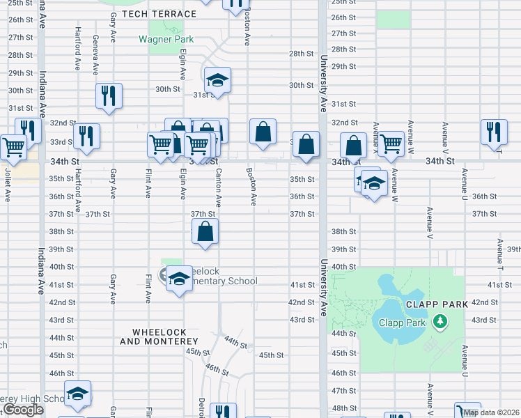 map of restaurants, bars, coffee shops, grocery stores, and more near 2613 37th Street in Lubbock