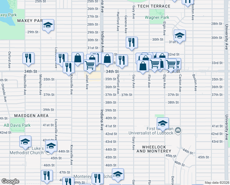 map of restaurants, bars, coffee shops, grocery stores, and more near 3304 37th Street in Lubbock