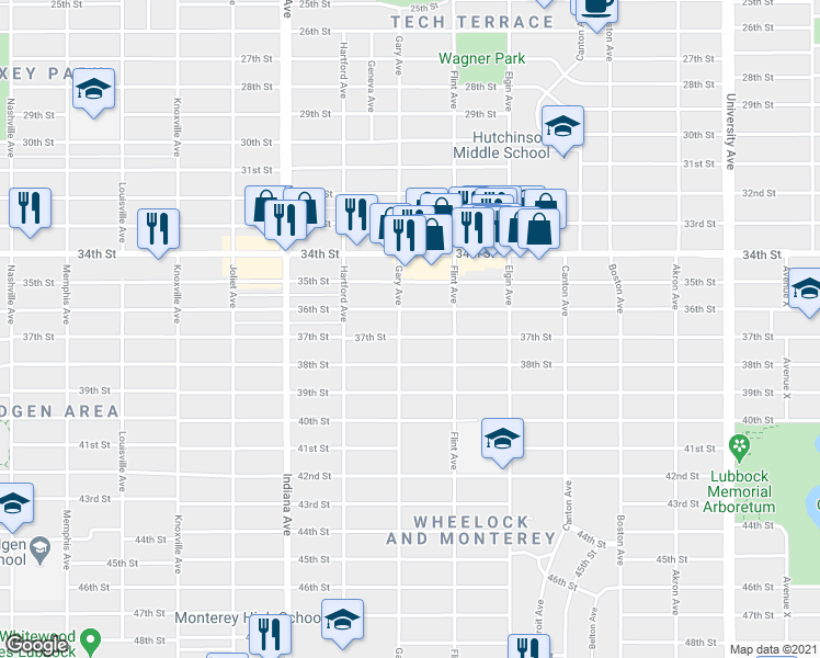 map of restaurants, bars, coffee shops, grocery stores, and more near 3118 37th Street in Lubbock