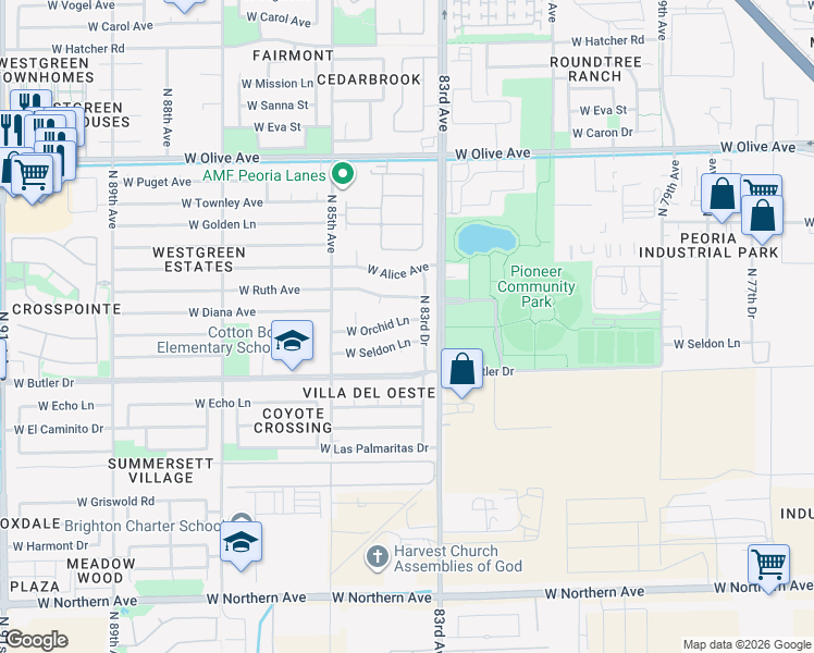 map of restaurants, bars, coffee shops, grocery stores, and more near 8325 West Orchid Lane in Peoria