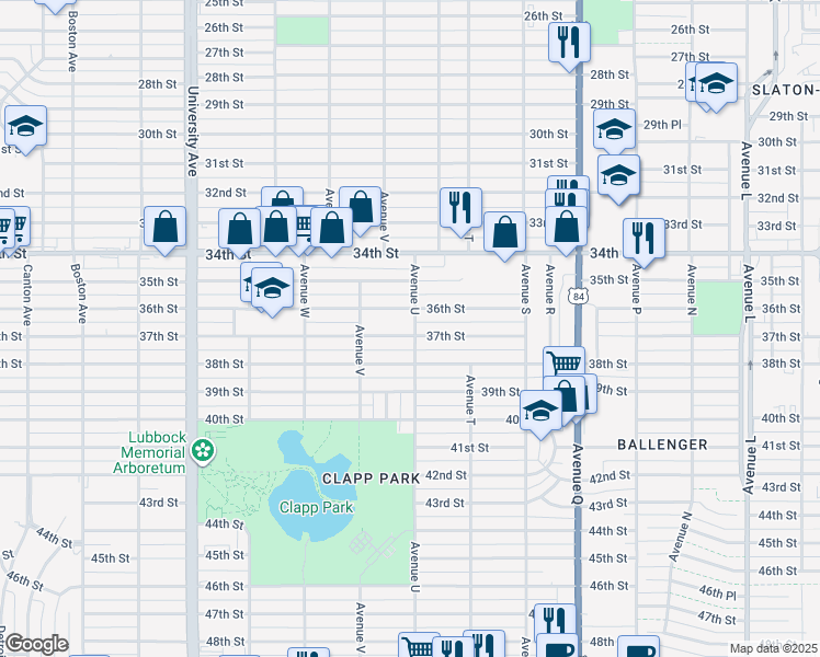 map of restaurants, bars, coffee shops, grocery stores, and more near 2102 37th St in Lubbock