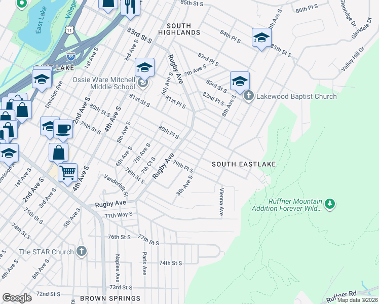 map of restaurants, bars, coffee shops, grocery stores, and more near 769 80th St S in Birmingham