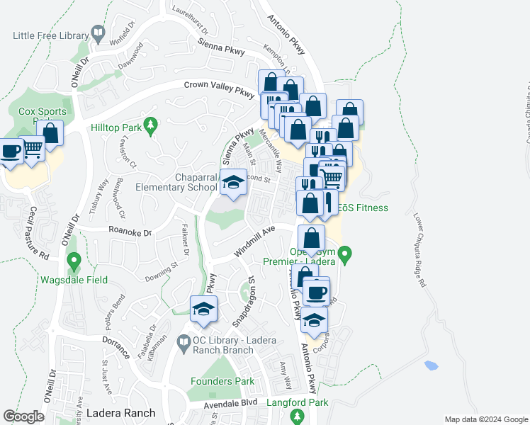 map of restaurants, bars, coffee shops, grocery stores, and more near 17 Old Spire Drive in Mission Viejo