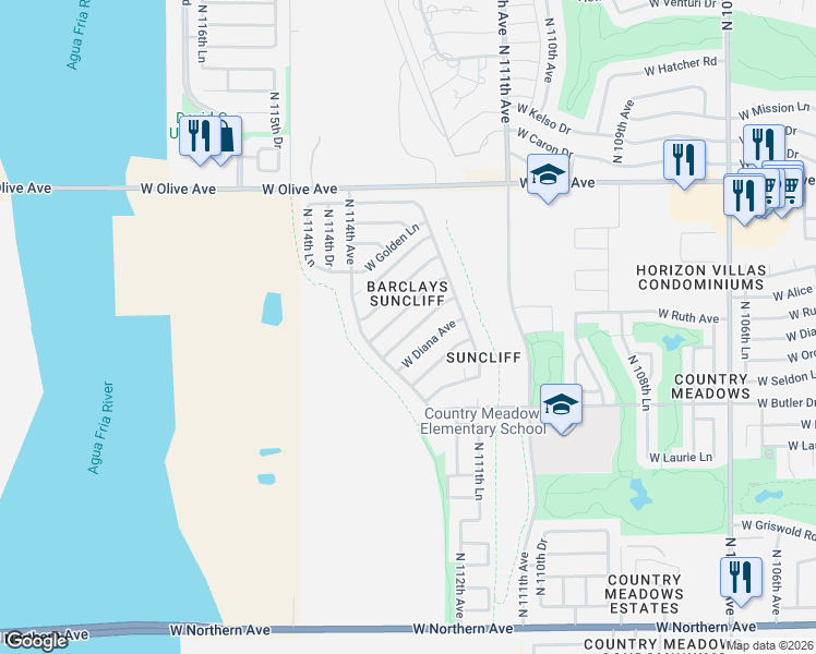 map of restaurants, bars, coffee shops, grocery stores, and more near 11304 West Ruth Avenue in Peoria