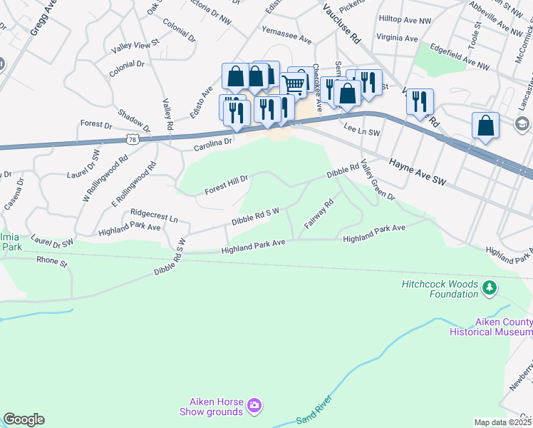 map of restaurants, bars, coffee shops, grocery stores, and more near 1445 State Highway 225 in Aiken