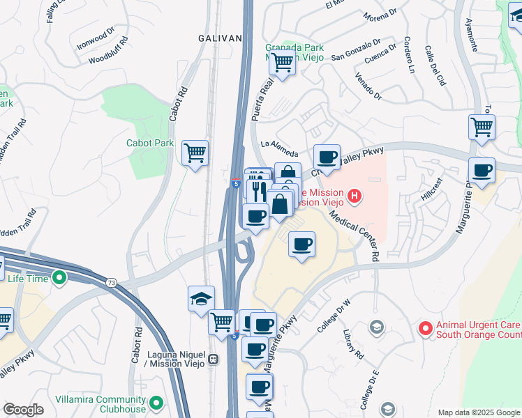 map of restaurants, bars, coffee shops, grocery stores, and more near 27731 Crown Valley Parkway in Mission Viejo