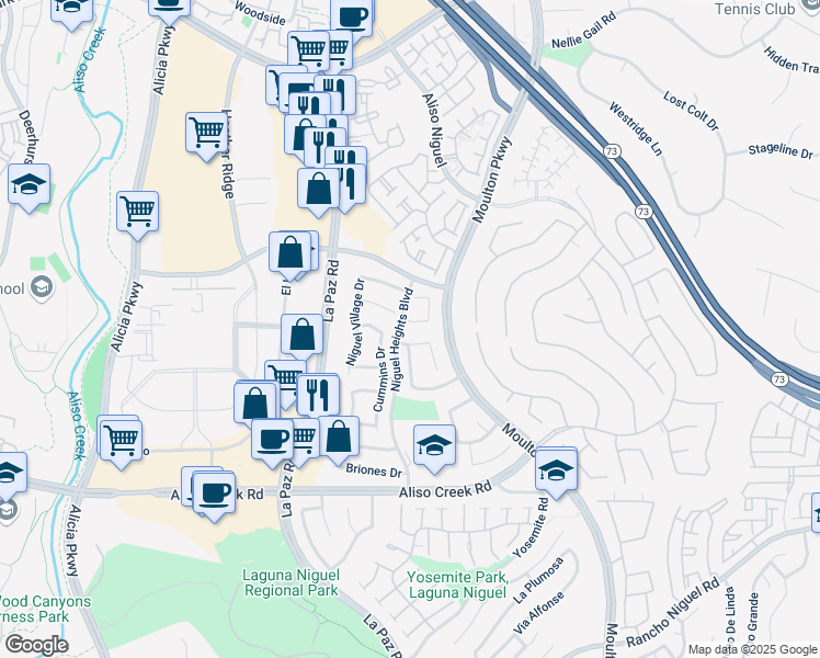 map of restaurants, bars, coffee shops, grocery stores, and more near 24362 Nugget Falls Lane in Laguna Niguel