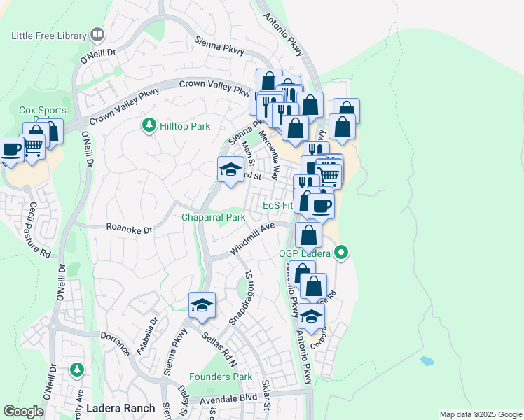 map of restaurants, bars, coffee shops, grocery stores, and more near 17 Old Spire Drive in Mission Viejo