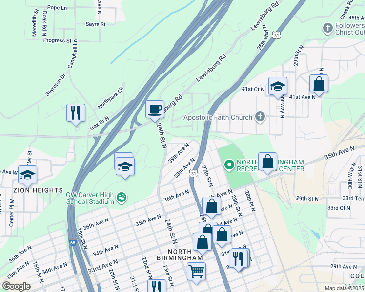 map of restaurants, bars, coffee shops, grocery stores, and more near 2462 39th Avenue North in Birmingham