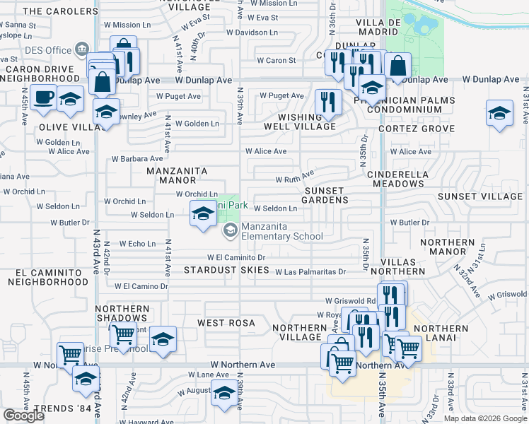 map of restaurants, bars, coffee shops, grocery stores, and more near 3817 West Seldon Lane in Phoenix