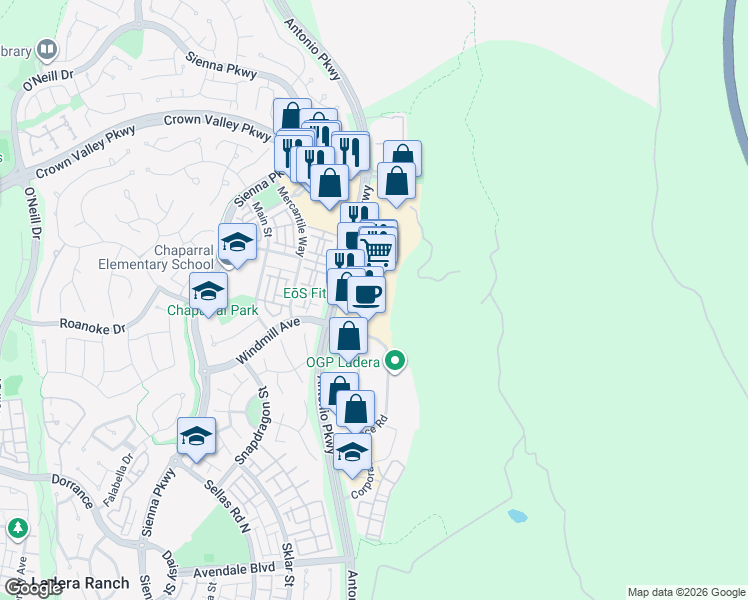map of restaurants, bars, coffee shops, grocery stores, and more near 27426 Antonio Parkway in Ladera Ranch