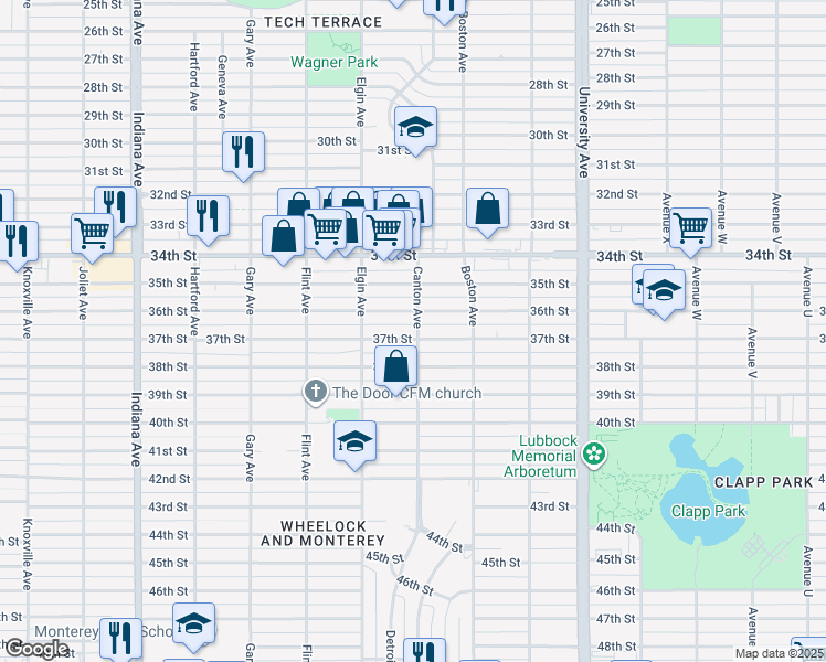map of restaurants, bars, coffee shops, grocery stores, and more near 2802 37th Street in Lubbock