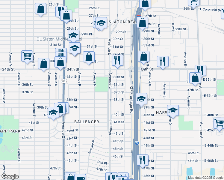 map of restaurants, bars, coffee shops, grocery stores, and more near 1218 37th Street in Lubbock