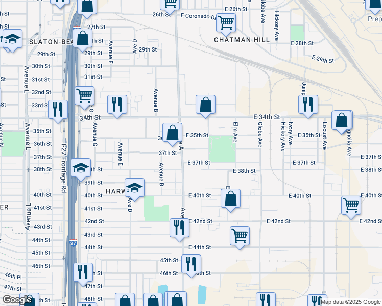 map of restaurants, bars, coffee shops, grocery stores, and more near 208 East 36th Street in Lubbock