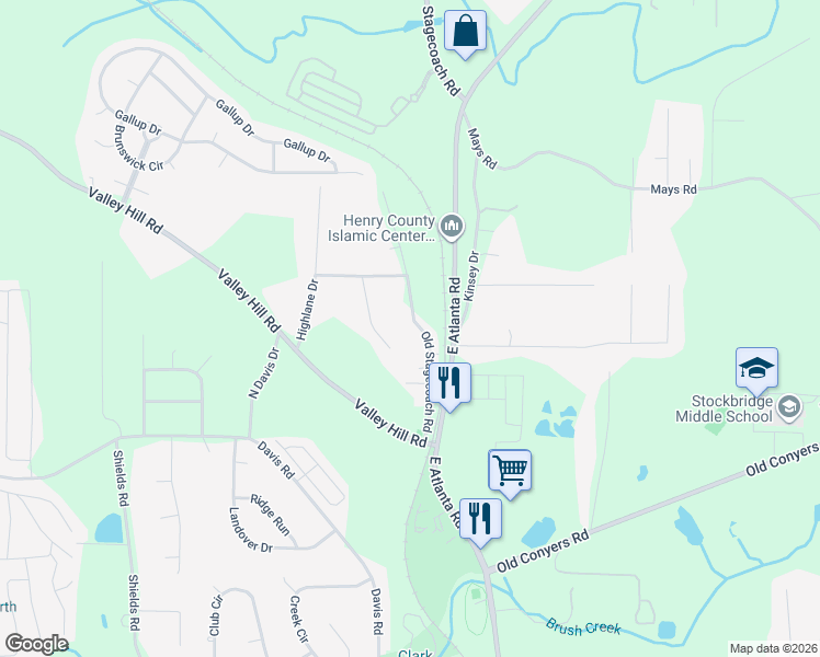 map of restaurants, bars, coffee shops, grocery stores, and more near 125 Cactus Lane in Stockbridge
