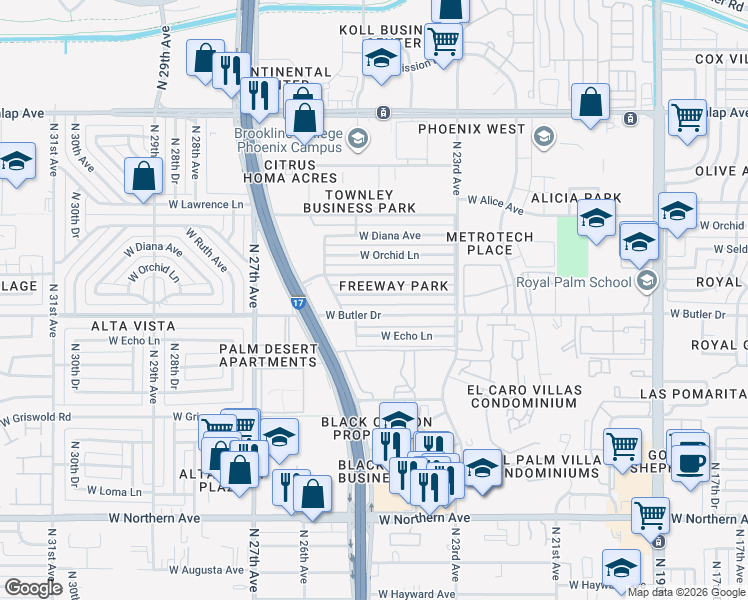 map of restaurants, bars, coffee shops, grocery stores, and more near 2431 West Seldon Lane in Phoenix