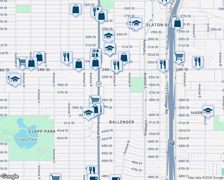 map of restaurants, bars, coffee shops, grocery stores, and more near 3608 Avenue P in Lubbock