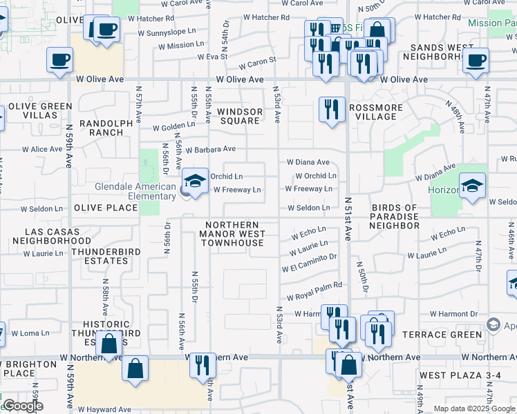 map of restaurants, bars, coffee shops, grocery stores, and more near 5329 W Seldon Ln in Glendale