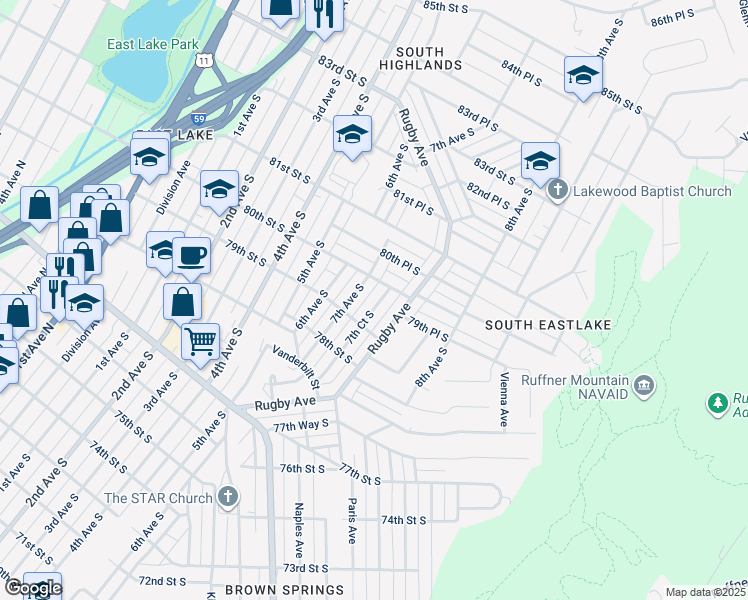 map of restaurants, bars, coffee shops, grocery stores, and more near 7920 7th Court South in Birmingham