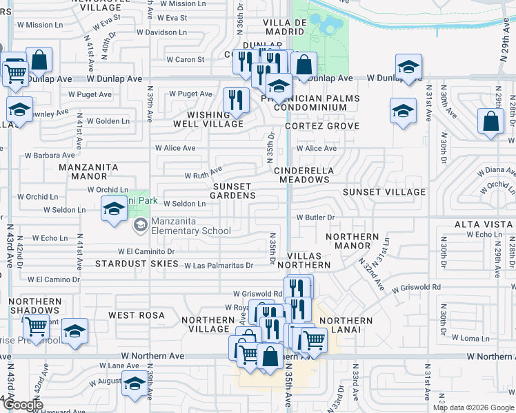 map of restaurants, bars, coffee shops, grocery stores, and more near 3525 West Seldon Lane in Phoenix