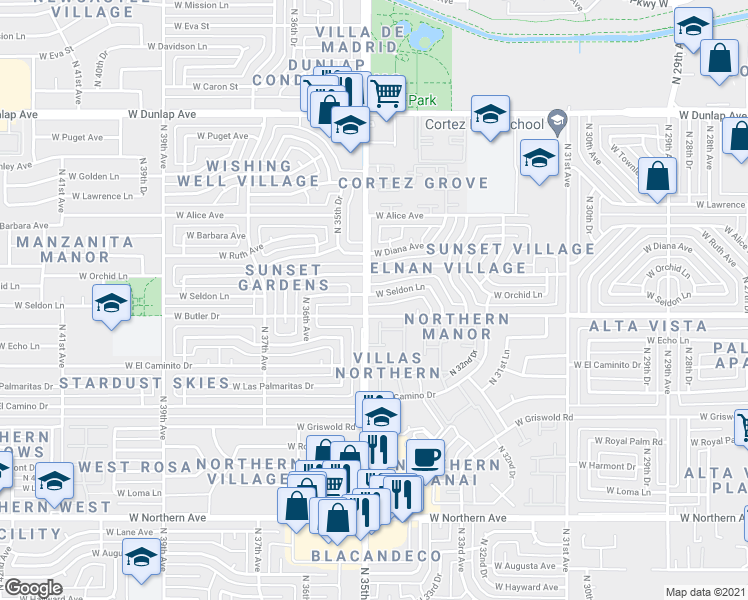 map of restaurants, bars, coffee shops, grocery stores, and more near 3433 West Seldon Lane in Phoenix