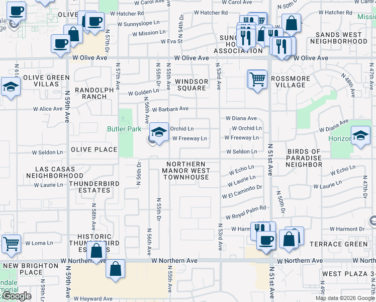 map of restaurants, bars, coffee shops, grocery stores, and more near 5415 West Seldon Lane in Glendale