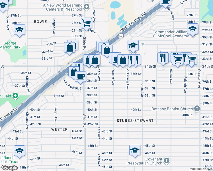 map of restaurants, bars, coffee shops, grocery stores, and more near 5012 37th Street in Lubbock