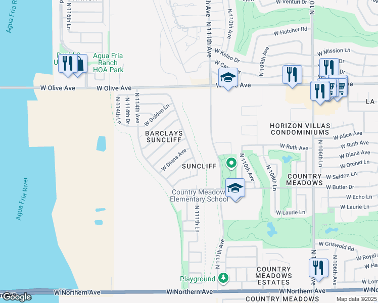 map of restaurants, bars, coffee shops, grocery stores, and more near 11201 West Diana Avenue in Peoria